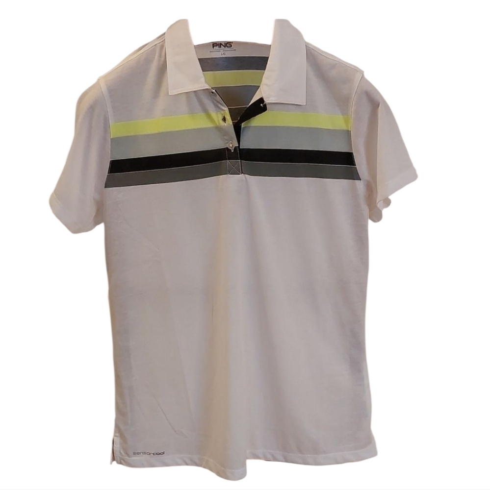 Ping Sensor Women Cool Golf Polo Shirt L NEW Whites With Stripe Accent